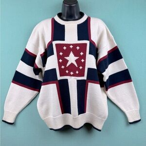 VTG Cotton Traders Sweather Men’s M Red Blue Cream Knit Crew Neck Cotton READ